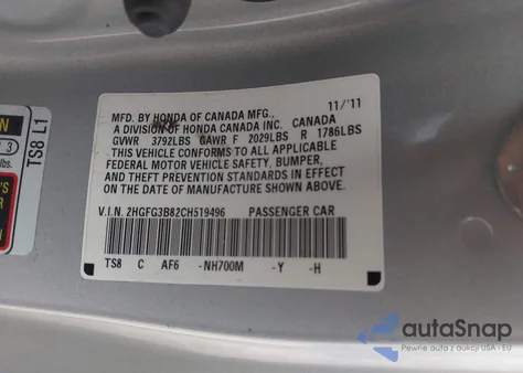 2012 Honda Civic Ex from USA, damaged, VIN 2HGFG3B82CH519496